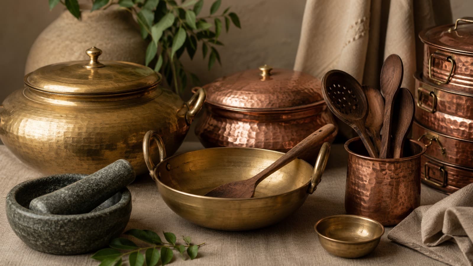 Hammered brass and copper cookware