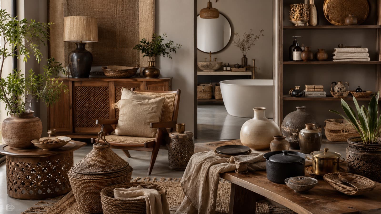 Hand-formed pottery on textured plaster shelves